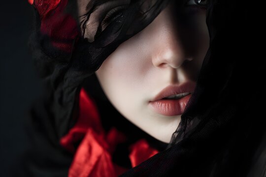 Woman's face partially covered by black tulle with red accent in dark close-up shot