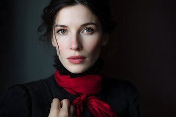 Elegant portrait of a beautiful woman with green eyes and red scarf