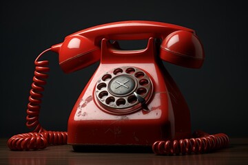 Red vintage telephone with a rotary dial resting on a wooden surface against a dark background