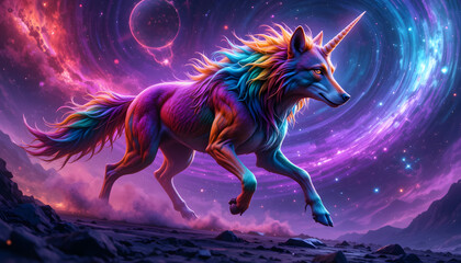 Cosmic Rainbow Wolf &ndash; Surreal Galaxy Runner with Unicorn Horn