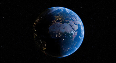 Earth viewed from space with illuminated continents and stars  