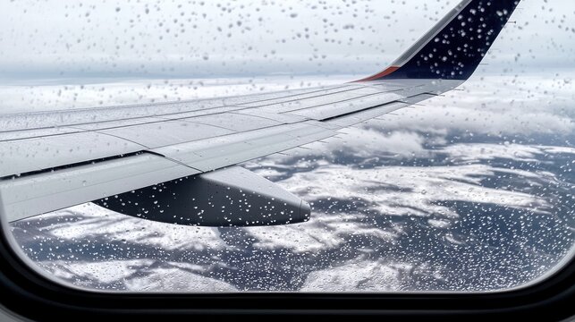 View from an airplane window shows a wing and the landscape below, obscured by raindrops on the glass.