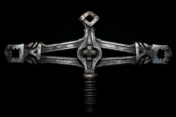 Steampunk style industrial metal tool presenting mechanical design on a black background