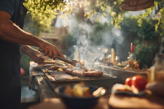 Man grilling burgers and vegetables on a barbecue grill in a backyard