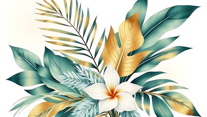 Watercolor botanical illustration of tropical plants with gold leaf accents on soft gradient background.