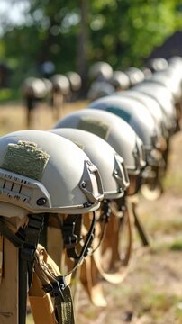 Row of tactical military helmets hanging outdoors on a wooden fence for army training exercises and protective gear inspection.