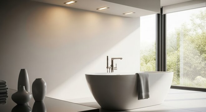 Modern bathroom bathtub with natural light and elegant decor for a relaxing spa experience