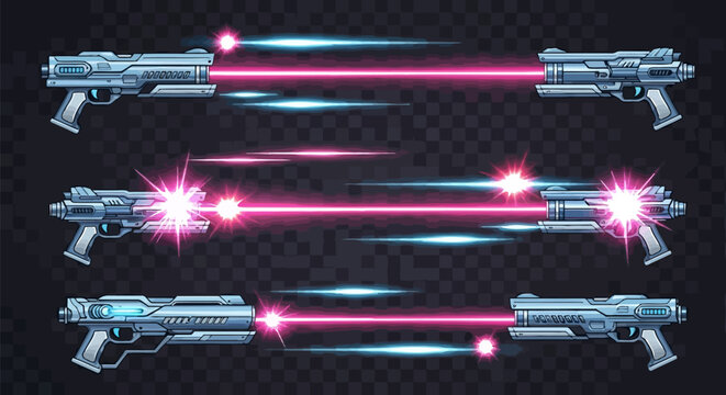 Set of futuristic laser guns with glowing beams and energy effects, perfect for scifi, gaming, or actionthemed designs, showcasing advanced technology and dynamic visual impact