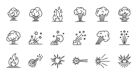 Collection of explosion icons in linear style set of vector illustrations of various types of explosions, fire, fireworks, and other effects