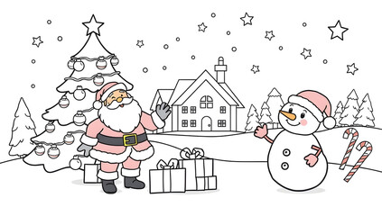 Cute Christmas coloring page for kids, outlined cartoon style, thick clean black lines, simple shapes, Christmas tree with ornaments