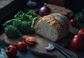 Artisan bread on cutting board surrounded by broccoli, cherry tomatoes and red onion in dramatic lighting