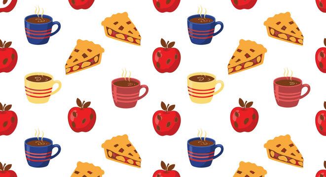Apple pie and coffee seamless pattern background for fall autumn season design and decoration vector