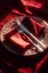Silverware and red napkin elegantly arranged on a classic decorative plate, set against a deep red fabric background.