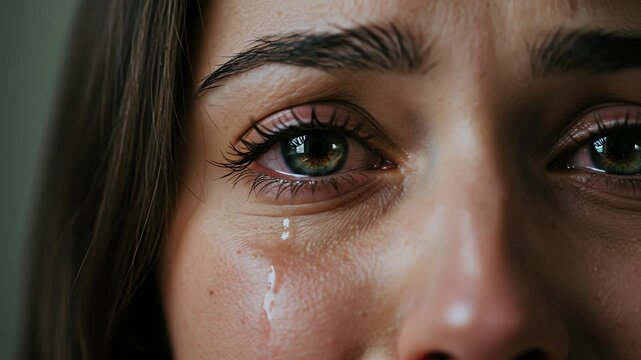 Young woman crying with tears running down her face in closeup  