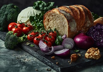 Rustic still life of crusty artisan bread with fresh vegetables – broccoli, tomatoes, red onion and herbs on dark background
