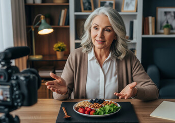 Smiling senior woman creating a health and wellness vlog about nutritious snacks