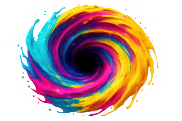 Vibrant paint colors creating a dynamic swirling vortex with a central void on a transparent background