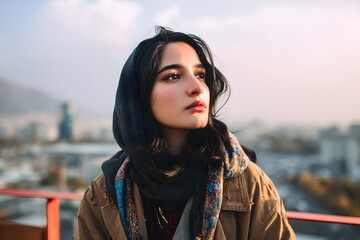 Portrait of a thoughtful young woman with hijab looking at the horizon
