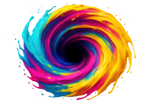 Vibrant paint colors creating a dynamic swirling vortex with a central void on a transparent background