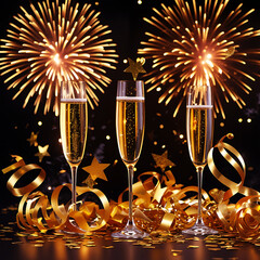 Elegant New Year Celebration with Fireworks and Champagne Glasses.