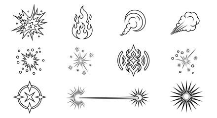 A versatile set of line art icons featuring various explosive effects, fire, smoke, sparks, and starbursts, ideal for adding dynamic visual elements to games, animations, or graphic designs © Best Design_Academy