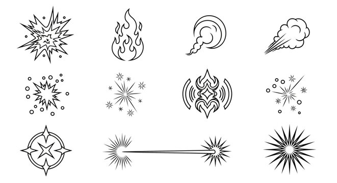 A versatile set of line art icons featuring various explosive effects, fire, smoke, sparks, and starbursts, ideal for adding dynamic visual elements to games, animations, or graphic designs