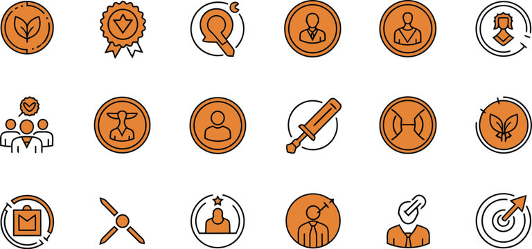 Orange and black outline circular icons for business, nature, quality, search, user profiles, teamwork, tools, and target goals, suitable for web and app design