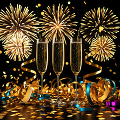 Elegant New Year Celebration with Fireworks and Champagne Glasses.