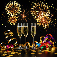 Elegant New Year Celebration with Fireworks and Champagne Glasses.