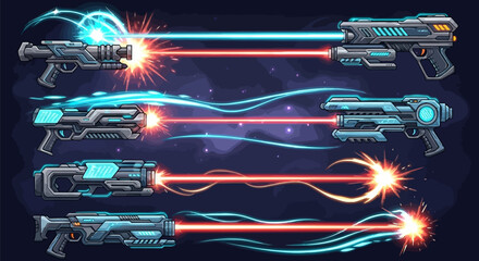 Set of futuristic laser guns and blasters firing energy beams with dynamic light effects and sparks, depicting advanced science fiction weaponry and combat technology in a dark, cosmic setting © Best Design_Academy