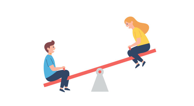 Playful illustration featuring two children, a boy and a girl, enjoying a classic seesaw ride, symbolizing balance, interaction, and the pure joy of childhood games and outdoor fun