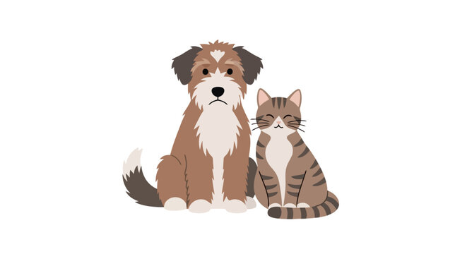 A charming illustration of a fluffy brown dog and a striped tabby cat sitting closely together, depicting animal companionship