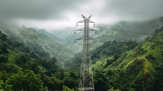 Dramatic power transmission lines stretch across misty, lush green mountain landscape, 4k high quality footage