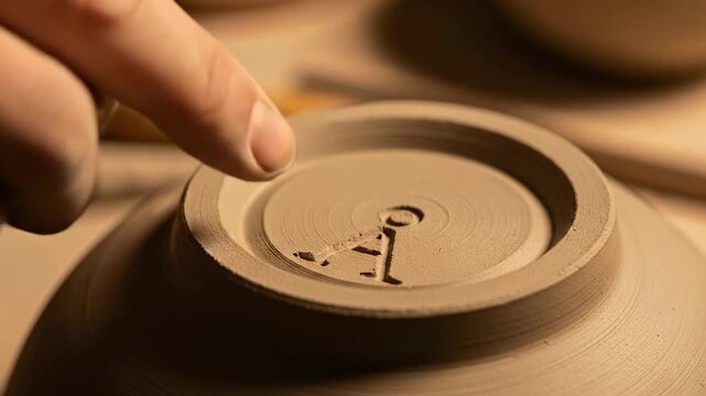 Close up of a potters finger pressing a clay stamp into a ceramic bowl base.