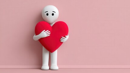 A simple character figure stands against a pink wall, holding a large red heart. This image conveys love, affection, and warmth in a minimalist style.