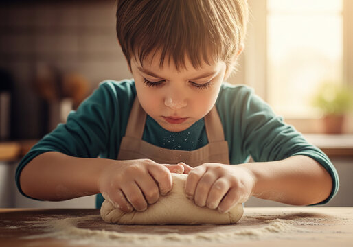 Concentrated young boy in apron baking homemade dough in a sunlit kitchen