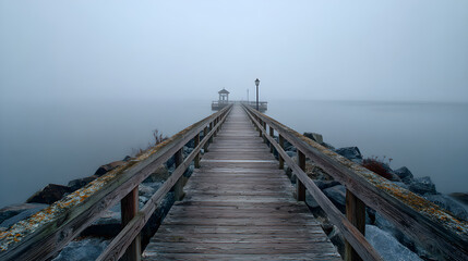 Fototapeta premium Lonely dock stretching into the fog with vanishing horizon