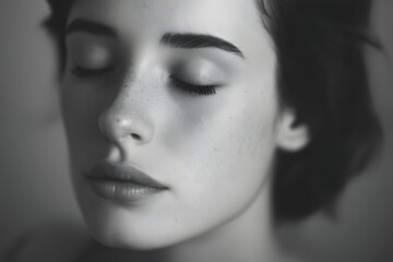 Fototapeta premium Close-up portrait of a woman with closed eyes in a peaceful moment of relaxation