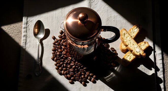 Stacked coffee beans on a dark surface, with a manual coffee grinder or brewer in the background.