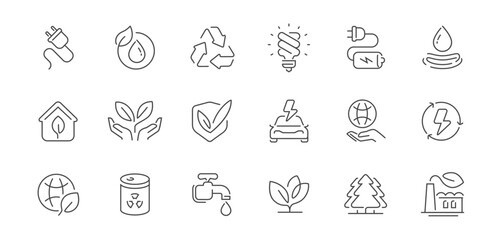 Ecology icons set. Sustainable energy, green technology, recycling and eco-friendly solutions. Line symbols
