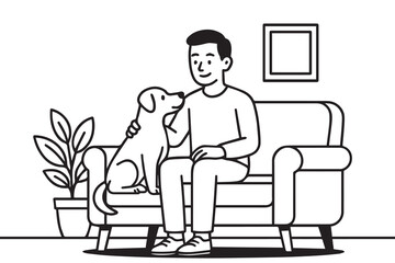 A black and white vector of a man sitting peacefully on a sofa with his dog in a cozy room, drawn with simple lines that highlight calm companionship and a warm, relaxing home atmosphere.