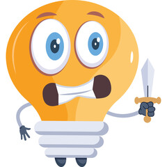 Funny Cartoon Lightbulb Character With Big Eyes Holding A Small Sword In Front Of Transparent Background