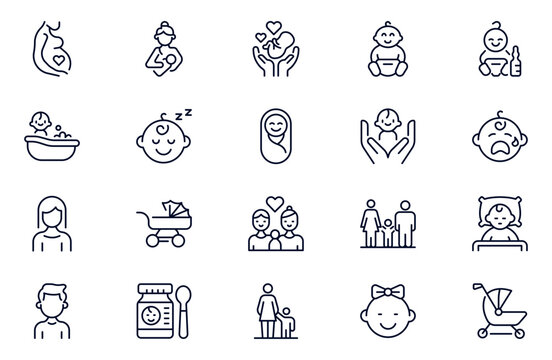 Child care line web icons set. international children day, kid rights, parenthood. Outline icon collection. Editable stroke. Vector illustration