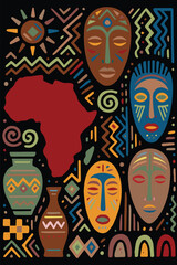 Fototapeta premium A vector pattern in warm tones that blends the African continent map with ethnic facial patterns, forming a rich cultural tapestry inspired by traditional art and expressive tribal aesthetics.