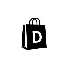 Black shopping bag with the letter d isolated on transparent background, a simple and modern design
