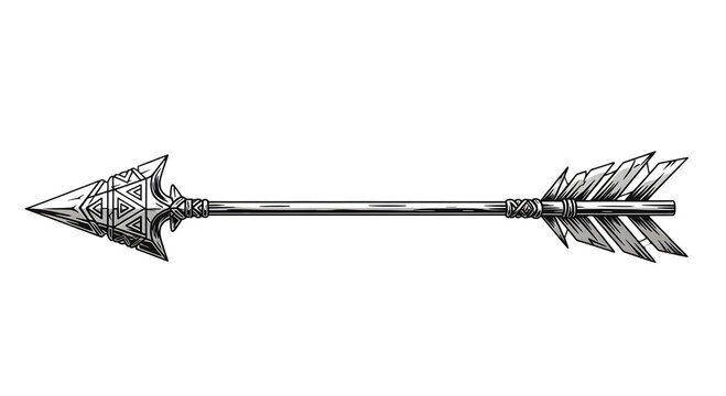 Hand drawn vintage arrow with detailed feathers and arrowhead on white background