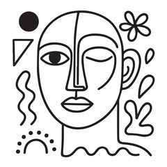 A black and white vector of a face illustrated through geometric line work, blending angular shapes and fluid contours to create a modern, abstract, and clean minimalist composition.