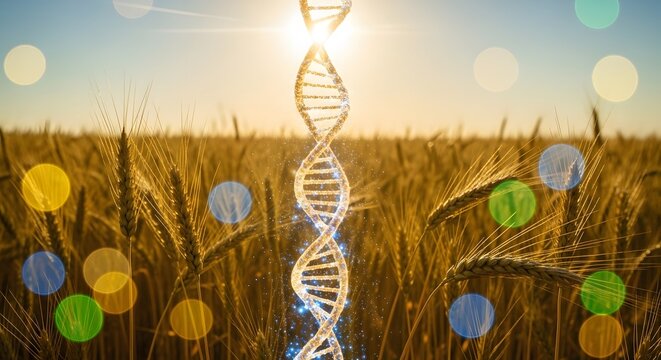 Glowing gold DNA double helix over a golden wheat field at sunset. Genetic modification, crop science, and agriculture. Abstract bio-technology woven among the sun-drenched grain stalks.