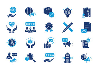 Branding thin solid icon set. Containing marketing, product, innovation, strategy, brand values, loyal customers, identity, design, stationery, target audience. Vector illustration