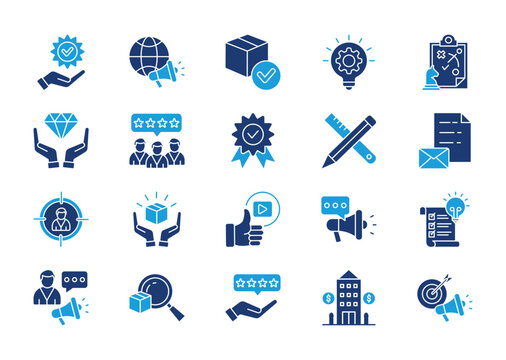 Branding thin solid icon set. Containing marketing, product, innovation, strategy, brand values, loyal customers, identity, design, stationery, target audience. Vector illustration